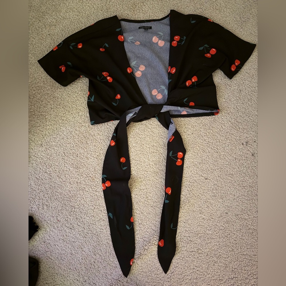 Black Cherry Print Tie-Front Top